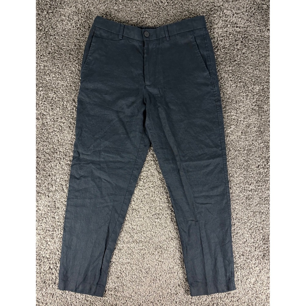 Zara Navy Blue 100% Linen Tapered Trousers Elastic Waist Pants Womens Size M